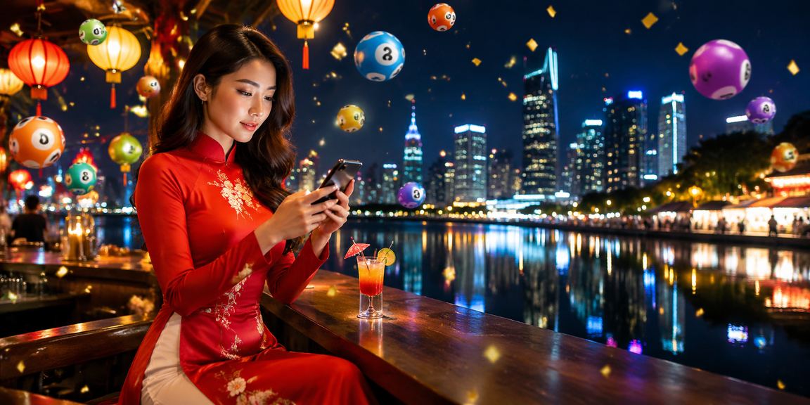Người phụ nữ mặc áo dài tại Hà Nội tra cứu kết quả xổ số và ưu đãi trên điện thoại